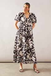 Butterfly Pleat Puff Sleeve Midaxi Dress