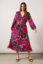 Floral Pin Tuck Detail Zip Midi Dress