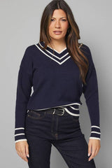 Tipped High V Neck Ribbed Jumper