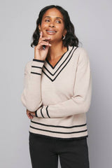 Tipped High V Neck Ribbed Jumper