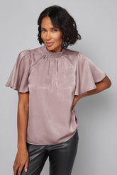 Hammered Satin Shirred Neck Blouse