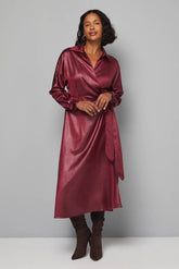 Textured Satin Wrap Midi Dress
