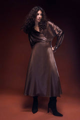 Textured Satin Wrap Midi Dress