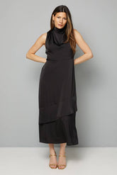 Satin Asymmetric Pleat Detail Midi Dress