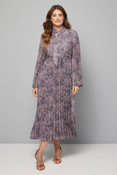 Pleated Pussybow Flare Midi Dress