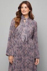 Pleated Pussybow Flare Midi Dress