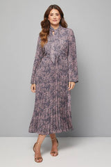 Pleated Pussybow Flare Midi Dress