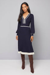 Zip Front Pleated Knitted Midi Dress