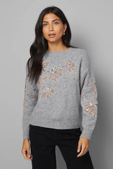 Floral Sequin Pattern Crew Neck Jumper