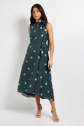 Polka Dot Tie Neck Sleeveless Midi Dress