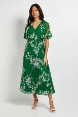 Pleated Cape Sleeve Midi Dress