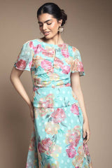 Floral Polka Dot Burn Out Ruched Midi Dress