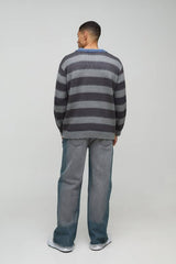 Oversized Brushed Striped V Neck Knit Polo