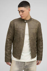 Regular Fit Washed Faux Suede Biker Jacket
