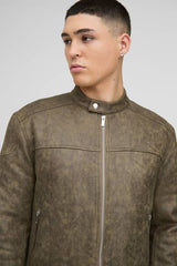 Regular Fit Washed Faux Suede Biker Jacket