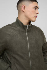 Raglan Regular Fit Funnel Neck Faux Suede Bomber Jacket