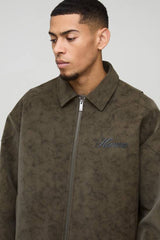 Homme Oversized Washed PU Collared Bomber Jacket