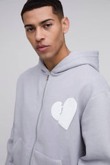 Oversized Boxy Hearts Puff Print Zip Through Hoodie