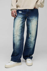 Relaxed Rigid Distressed Panelled Crinkle Wash Denim Jeans