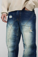 Relaxed Rigid Distressed Panelled Crinkle Wash Denim Jeans