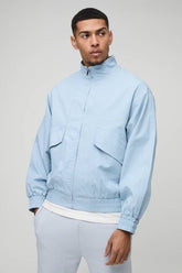 Oversized Boxy Pocket Detail Twill Funnel Neck Bomber Jacket