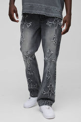 Slim Flared Acid Wash Cross Applique Gusset Jeans