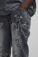 Slim Flared Acid Wash Cross Applique Gusset Jeans