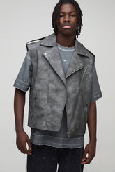Regular Fit Sleeveless Biker Jacket Washed Look PU