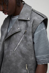 Regular Fit Sleeveless Biker Jacket Washed Look PU