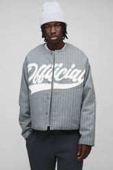 Oversized Collarless Stripe Baseball Varsity Jacket