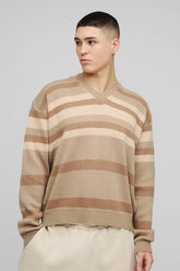 Oversized Boxy V Neck Striped Knitted Jumper