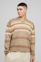 Oversized Boxy V Neck Striped Knitted Jumper