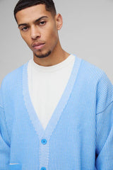 Oversized Boxy Dropped Shoulder Plated Ribbed Knitted Cardigan