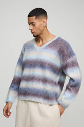 Oversized Boxy Brushed Stripe V Neck Knitted Jumper