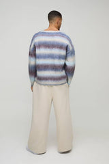 Oversized Boxy Brushed Stripe V Neck Knitted Jumper