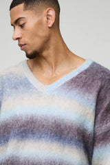 Oversized Boxy Brushed Stripe V Neck Knitted Jumper