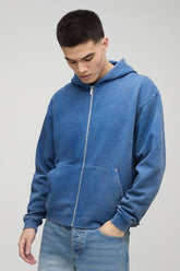 Oversized Boxy Zip Through Denim Wash Hoodie