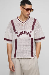 Boxy Fit V Neck Stripe Open Stitch Knitted T-Shirt