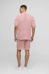 Regular Fit Open Stitch Stripe Button Through Knitted Shirt Set