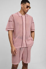 Regular Fit Open Stitch Stripe Button Through Knitted Shirt Set