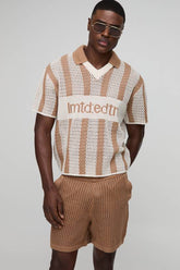 Regular Fit Open Stitch Stripe Football V Neck Knitted Short Set
