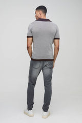 Muscle Fit Revere Collar Ribbed Plated Knitted Polo