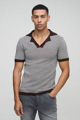 Muscle Fit Revere Collar Ribbed Plated Knitted Polo