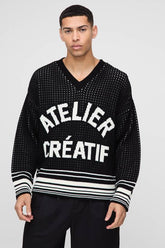 Boxy Crochet Look Stripe V Neck Knitted Jumper