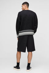 Boxy Crochet Look Stripe V Neck Knitted Jumper