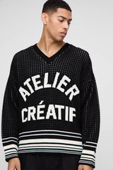 Boxy Crochet Look Stripe V Neck Knitted Jumper