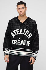 Boxy Crochet Look Stripe V Neck Knitted Jumper