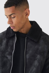 Faux Suede Aviator Jacket In Black