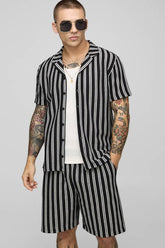 Regular Fit Textured Stripe Revere Collar Jersey Shirt and Shorts Set