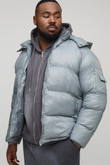 Plus High Shine Regular Fit Hooded Puffer in Grey